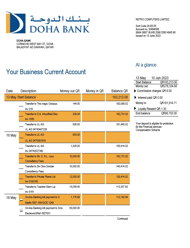 Modèle Word et PDF de relevé de compte courant de l'organisation de la Banque de Doha